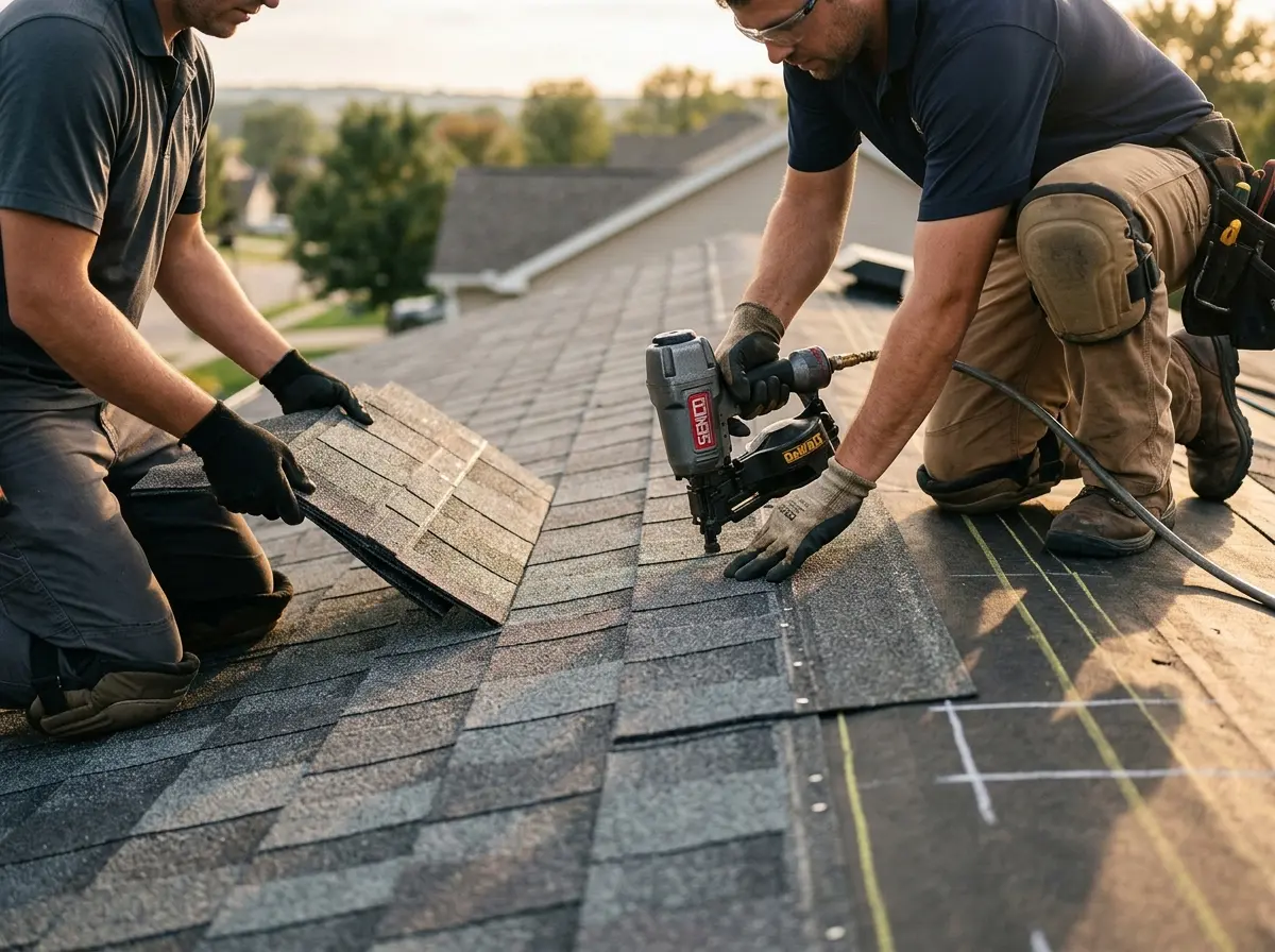 Professional roofer working on a residential roof in Waldorf